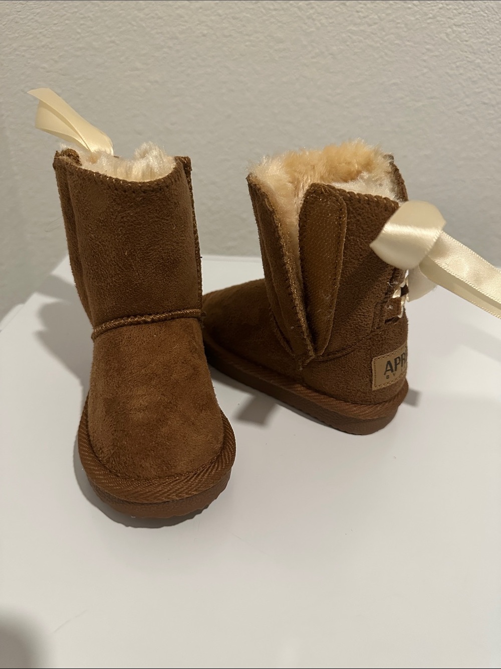 Lamo Kids Brown Suede Cozy Faux Fur Boots with Ribbon